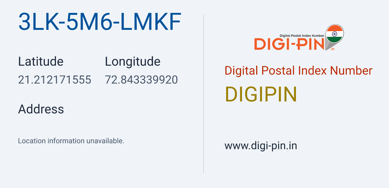 DigiPin 3LK-5M6-LMKF location map showing coordinates 21.212172, 72.843340