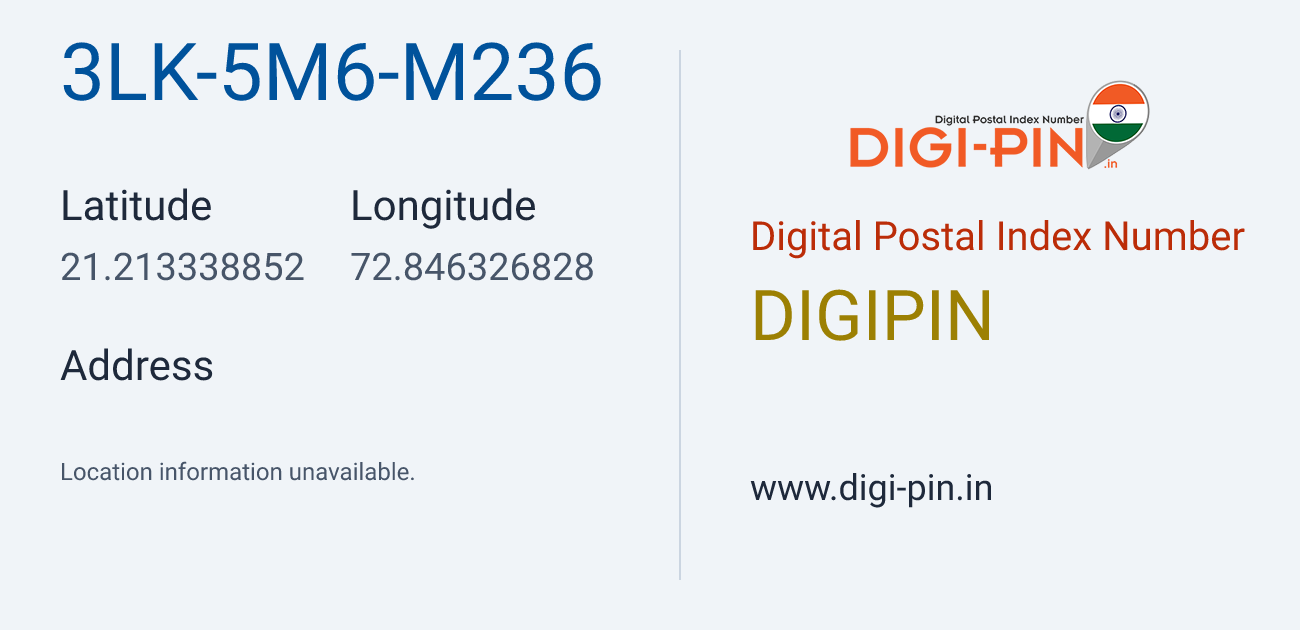 DigiPin 3LK-5M6-M236 location map showing coordinates 21.213339, 72.846327