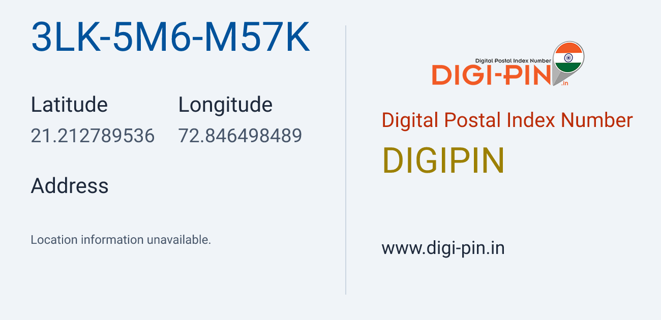 DigiPin 3LK-5M6-M57K location map showing coordinates 21.212790, 72.846498