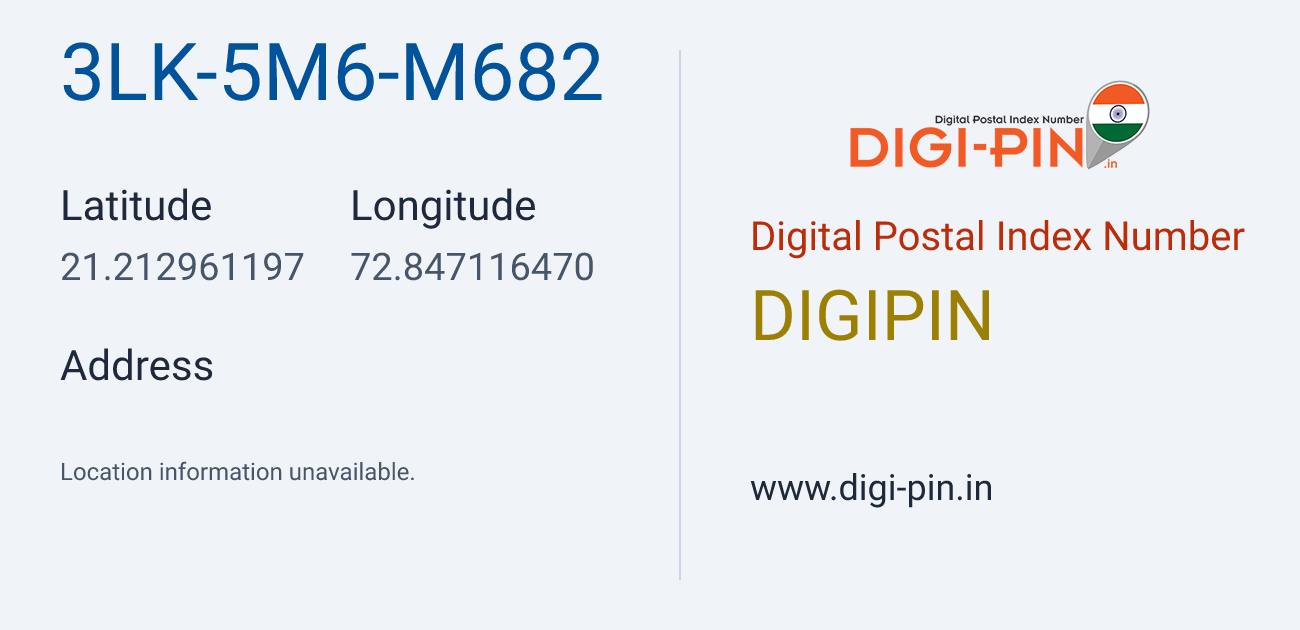 DigiPin 3LK-5M6-M682 location map showing coordinates 21.212961, 72.847116