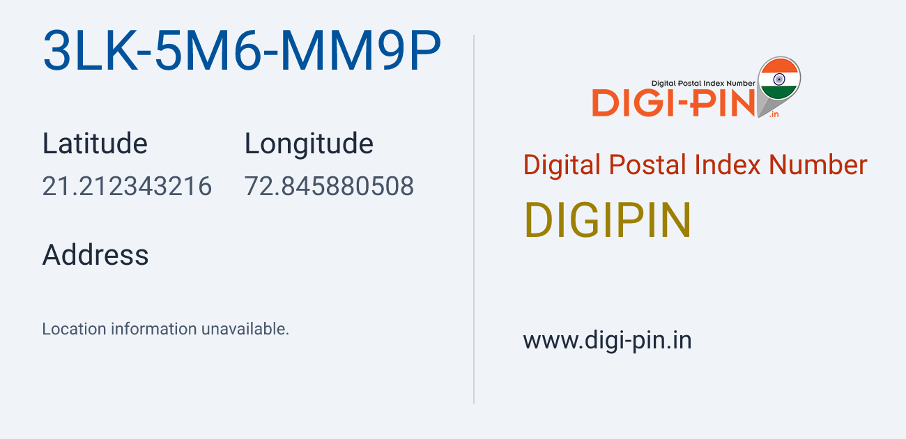 DigiPin 3LK-5M6-MM9P location map showing coordinates 21.212343, 72.845881