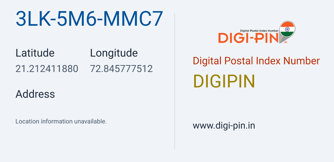 DigiPin 3LK-5M6-MMC7 location map showing coordinates 21.212412, 72.845778