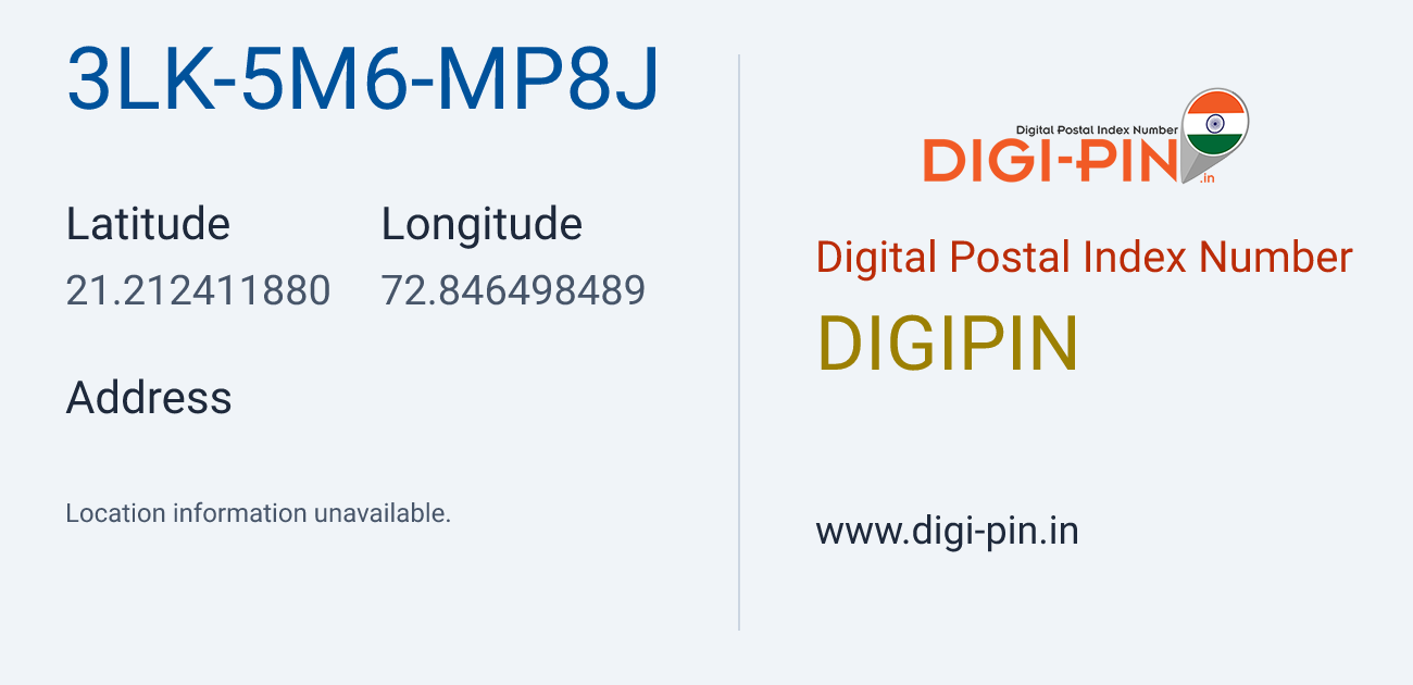 DigiPin 3LK-5M6-MP8J location map showing coordinates 21.212412, 72.846498