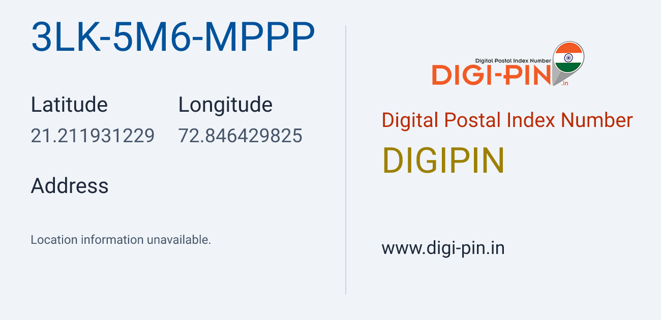 DigiPin 3LK-5M6-MPPP location map showing coordinates 21.211931, 72.846430