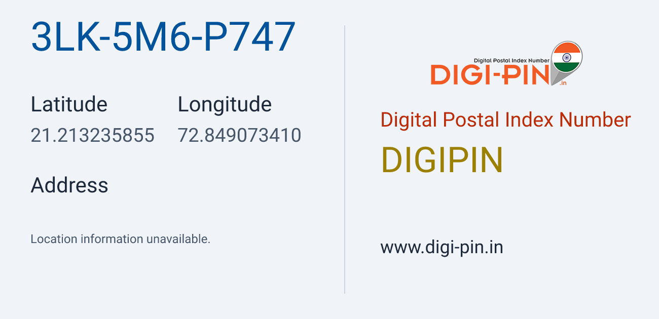 DigiPin 3LK-5M6-P747 location map showing coordinates 21.213236, 72.849073