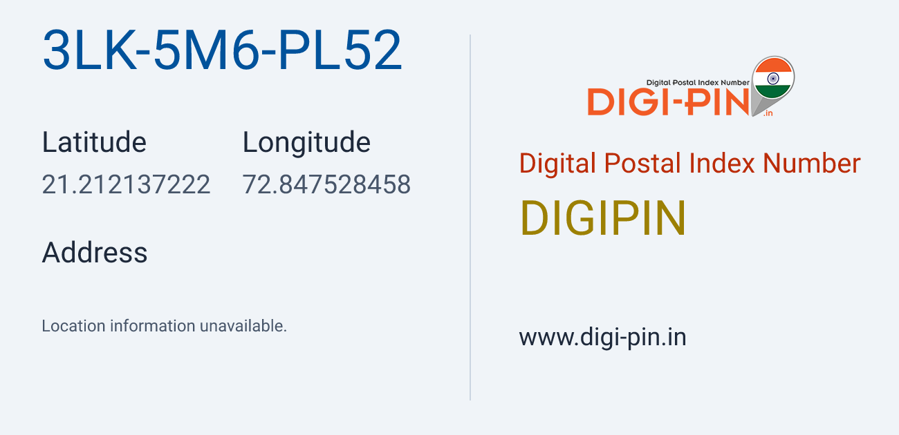 DigiPin 3LK-5M6-PL52 location map showing coordinates 21.212137, 72.847528