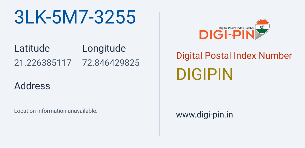 DigiPin 3LK-5M7-3255 location map showing coordinates 21.226385, 72.846430