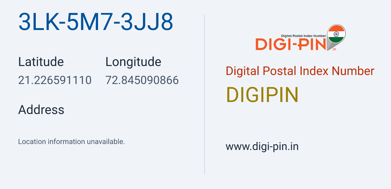 DigiPin 3LK-5M7-3JJ8 location map showing coordinates 21.226591, 72.845091