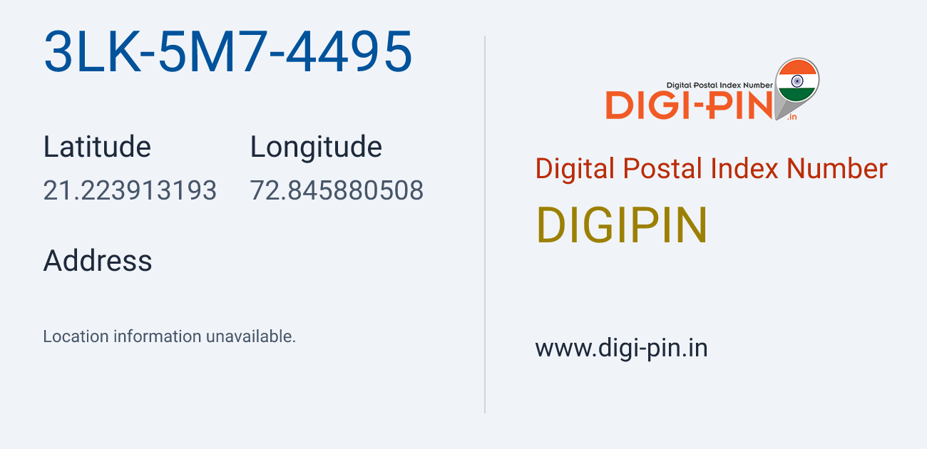 DigiPin 3LK-5M7-4495 location map showing coordinates 21.223913, 72.845881