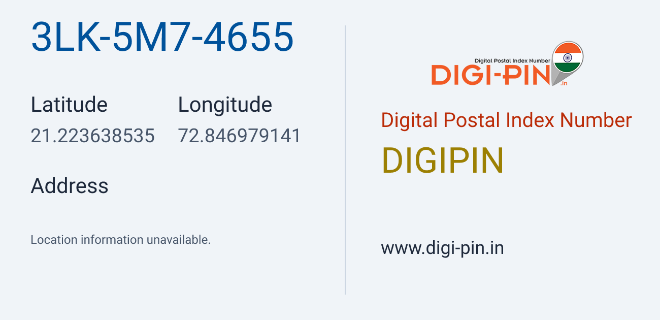 DigiPin 3LK-5M7-4655 location map showing coordinates 21.223639, 72.846979