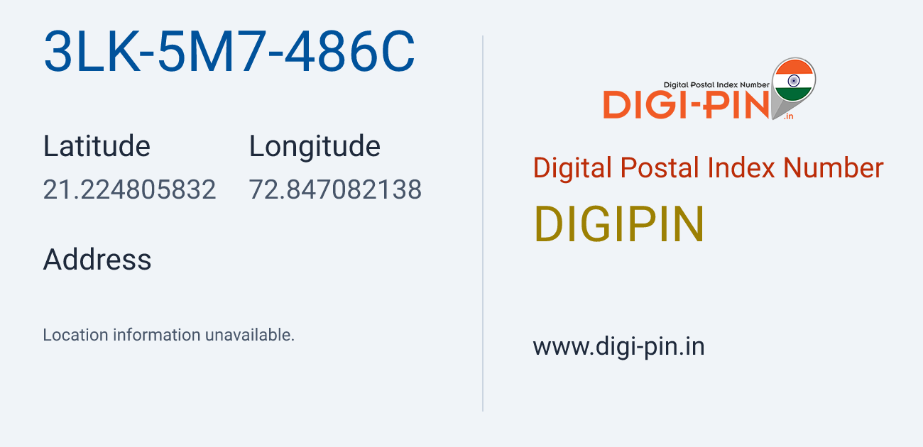 DigiPin 3LK-5M7-486C location map showing coordinates 21.224806, 72.847082