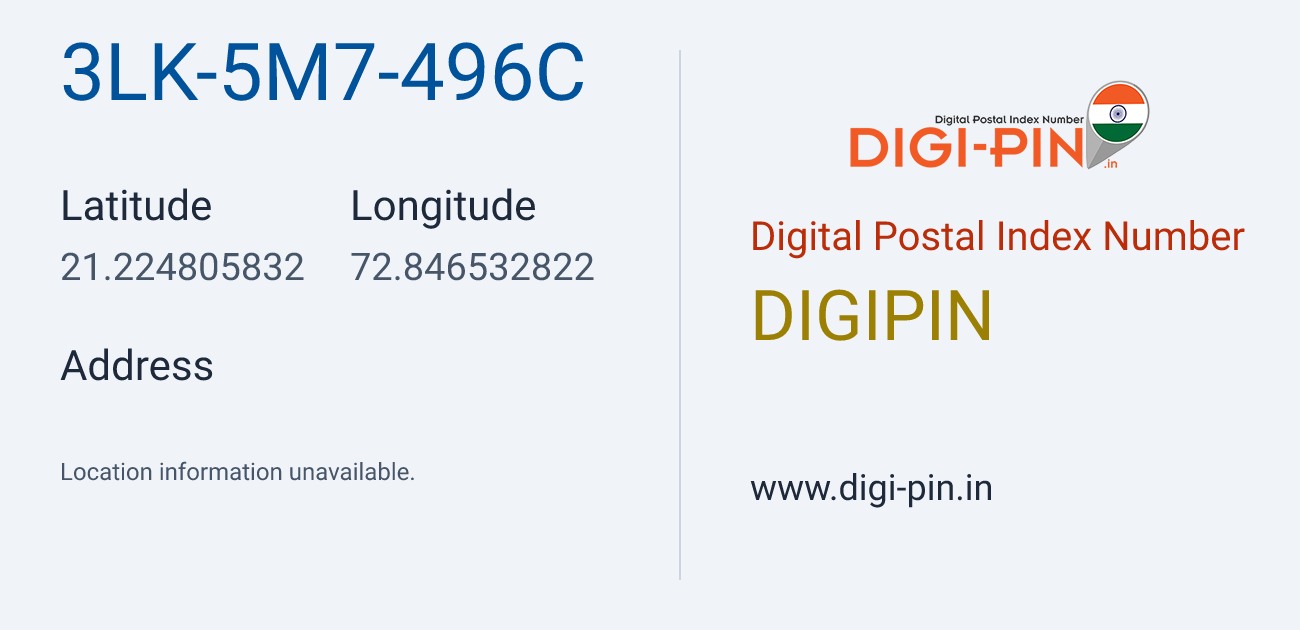 DigiPin 3LK-5M7-496C location map showing coordinates 21.224806, 72.846533