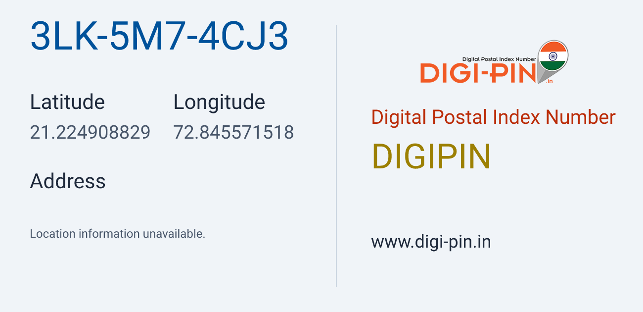 DigiPin 3LK-5M7-4CJ3 location map showing coordinates 21.224909, 72.845572