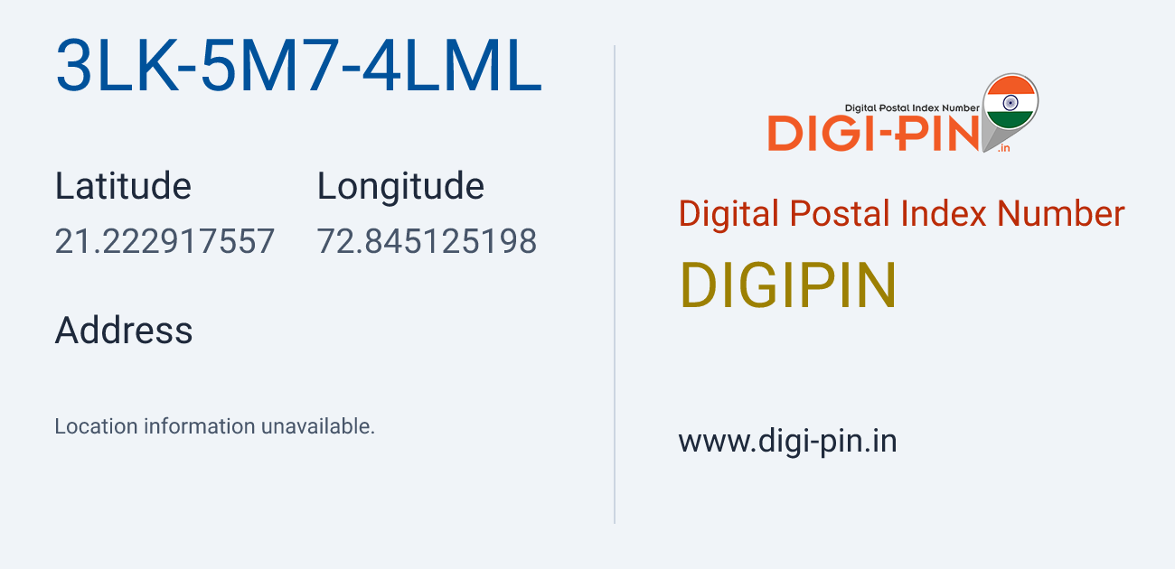 DigiPin 3LK-5M7-4LML location map showing coordinates 21.222918, 72.845125
