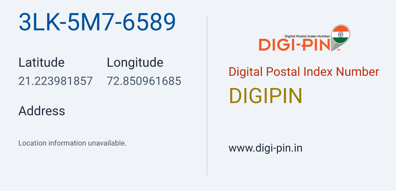 DigiPin 3LK-5M7-6589 location map showing coordinates 21.223982, 72.850962