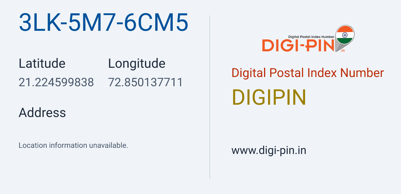 DigiPin 3LK-5M7-6CM5 location map showing coordinates 21.224600, 72.850138