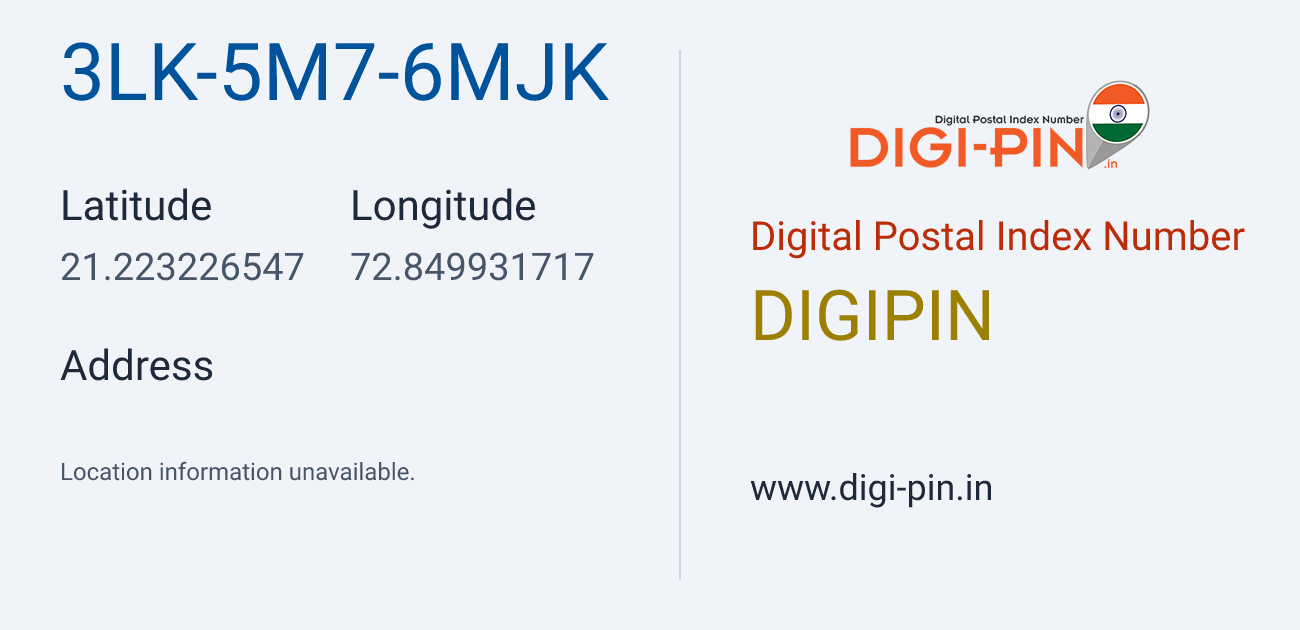 DigiPin 3LK-5M7-6MJK location map showing coordinates 21.223227, 72.849932