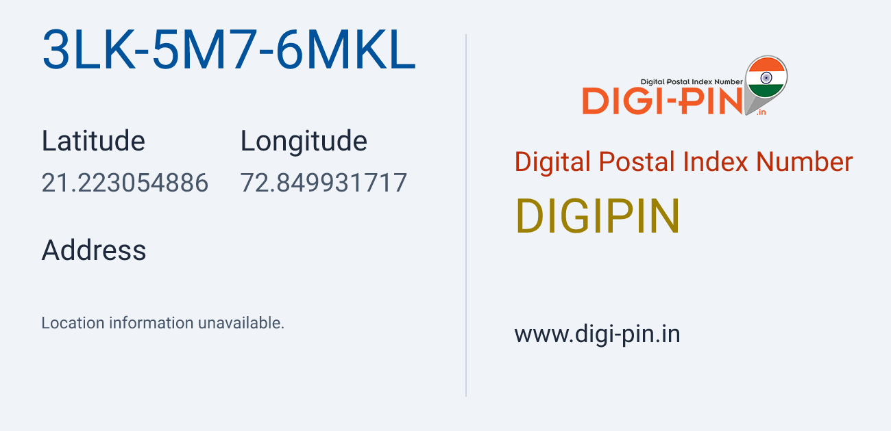 DigiPin 3LK-5M7-6MKL location map showing coordinates 21.223055, 72.849932