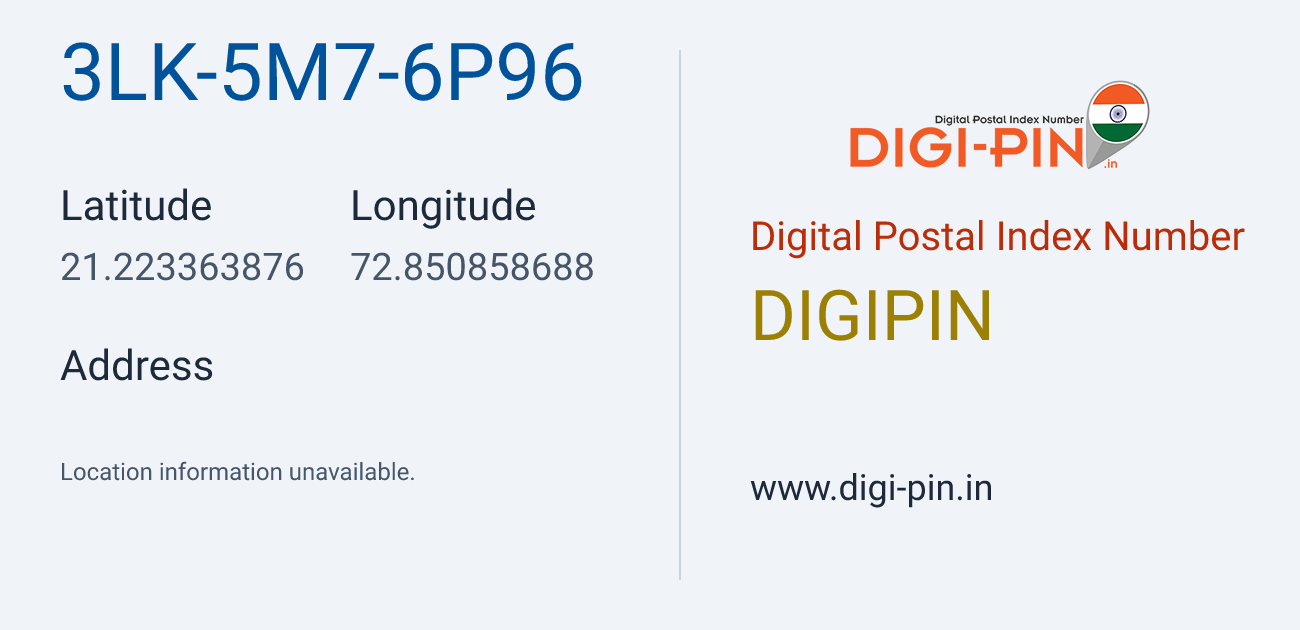 DigiPin 3LK-5M7-6P96 location map showing coordinates 21.223364, 72.850859