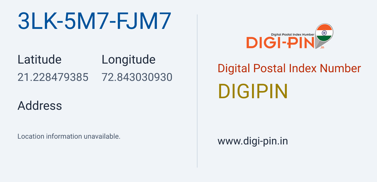 DigiPin 3LK-5M7-FJM7 location map showing coordinates 21.228479, 72.843031