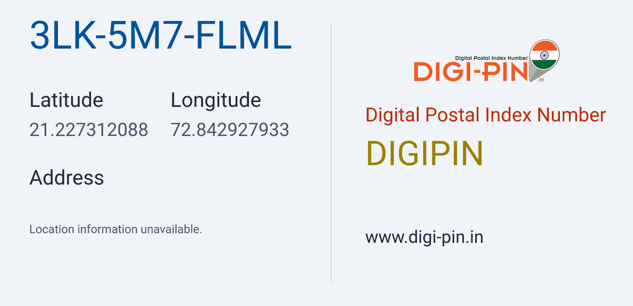 DigiPin 3LK-5M7-FLML location map showing coordinates 21.227312, 72.842928