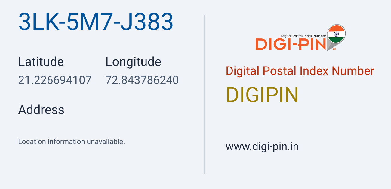 DigiPin 3LK-5M7-J383 location map showing coordinates 21.226694, 72.843786
