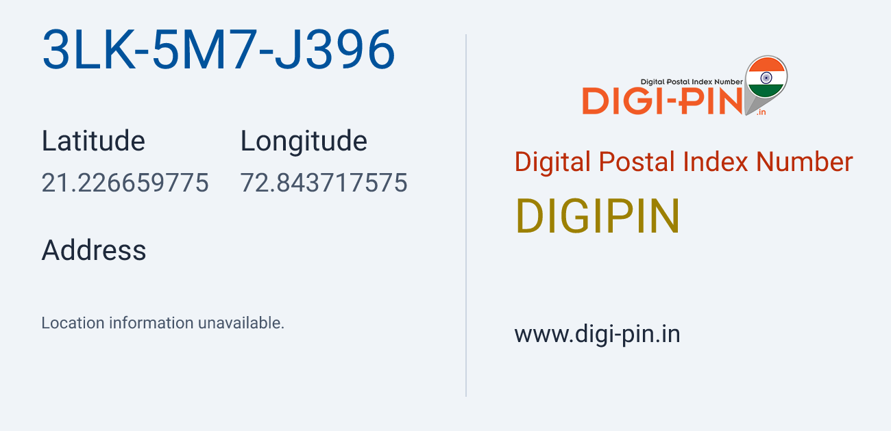 DigiPin 3LK-5M7-J396 location map showing coordinates 21.226660, 72.843718
