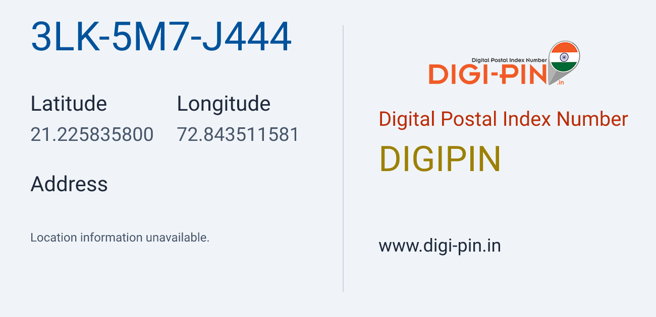 DigiPin 3LK-5M7-J444 location map showing coordinates 21.225836, 72.843512