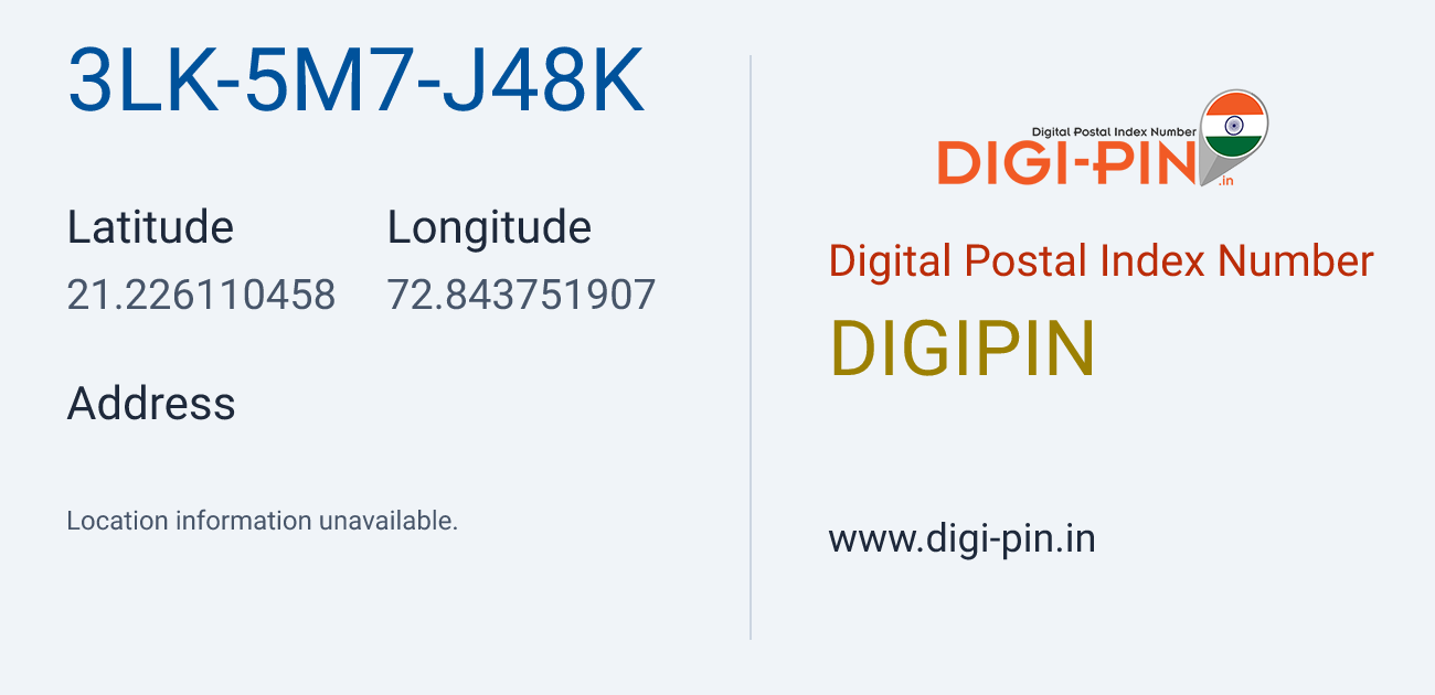 DigiPin 3LK-5M7-J48K location map showing coordinates 21.226110, 72.843752