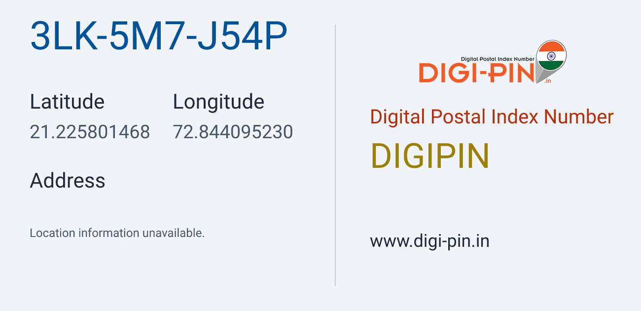 DigiPin 3LK-5M7-J54P location map showing coordinates 21.225801, 72.844095