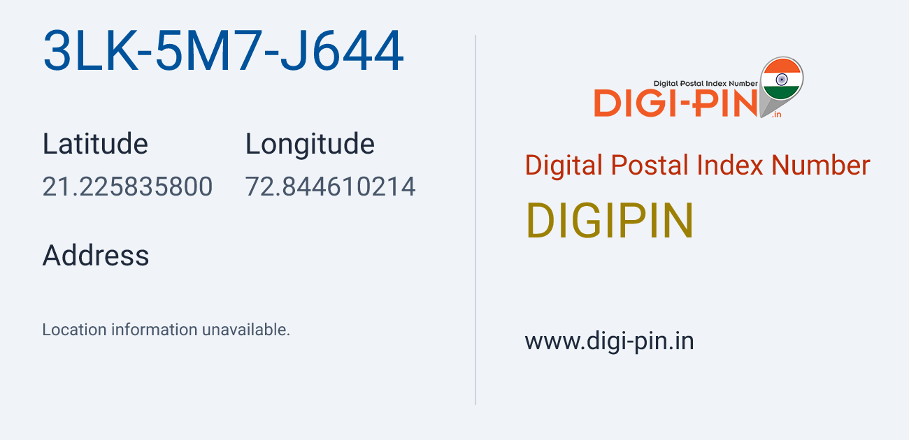 DigiPin 3LK-5M7-J644 location map showing coordinates 21.225836, 72.844610