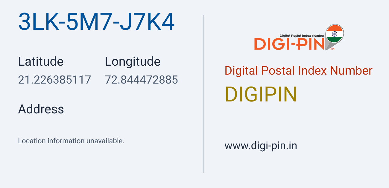 DigiPin 3LK-5M7-J7K4 location map showing coordinates 21.226385, 72.844473