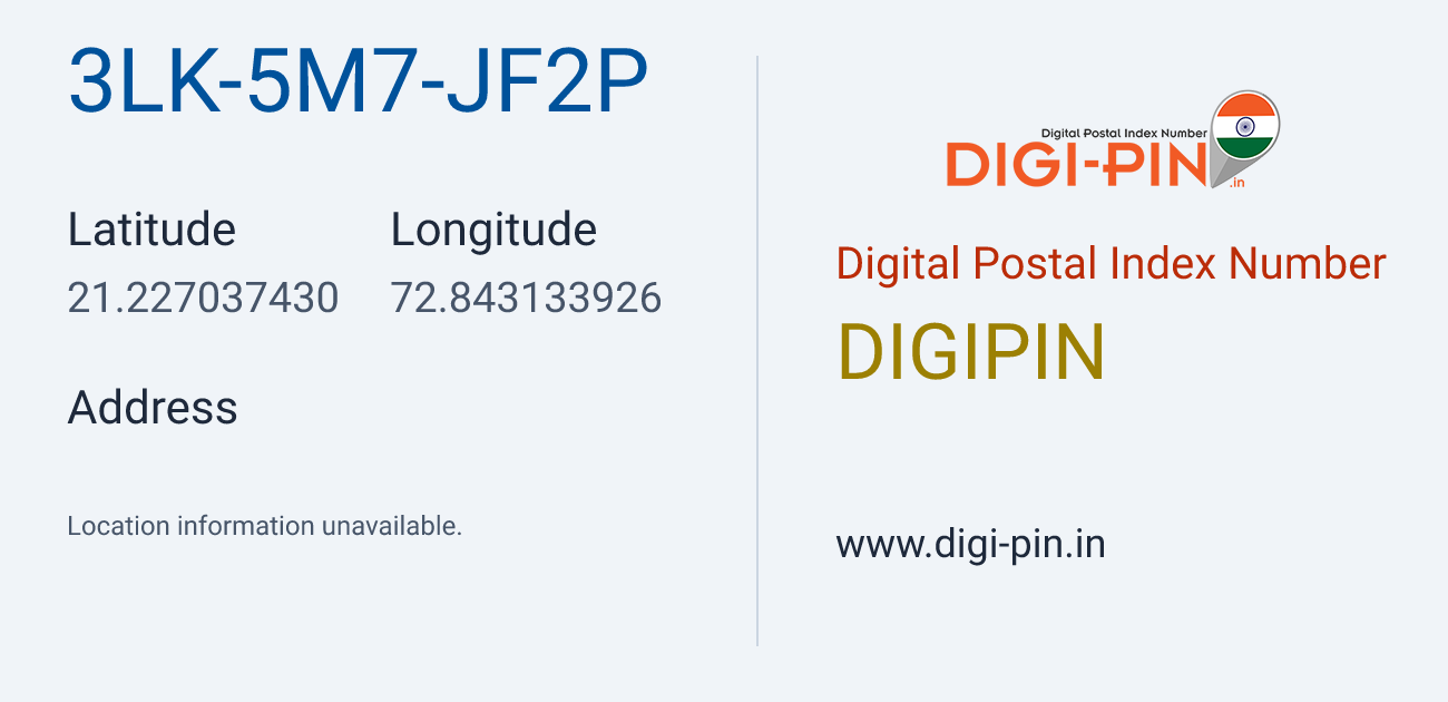 DigiPin 3LK-5M7-JF2P location map showing coordinates 21.227037, 72.843134
