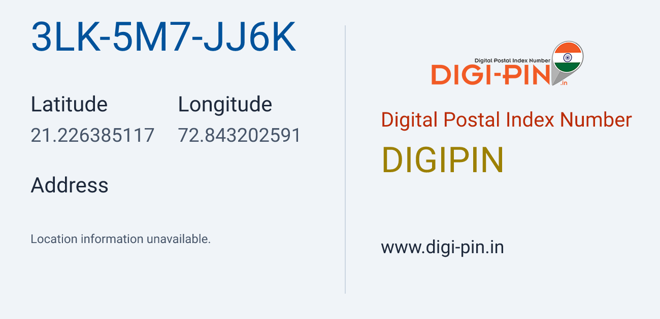 DigiPin 3LK-5M7-JJ6K location map showing coordinates 21.226385, 72.843203