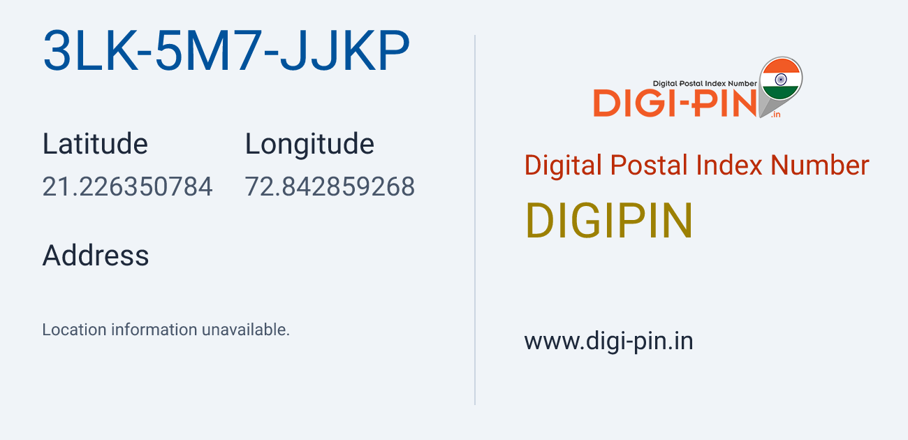 DigiPin 3LK-5M7-JJKP location map showing coordinates 21.226351, 72.842859