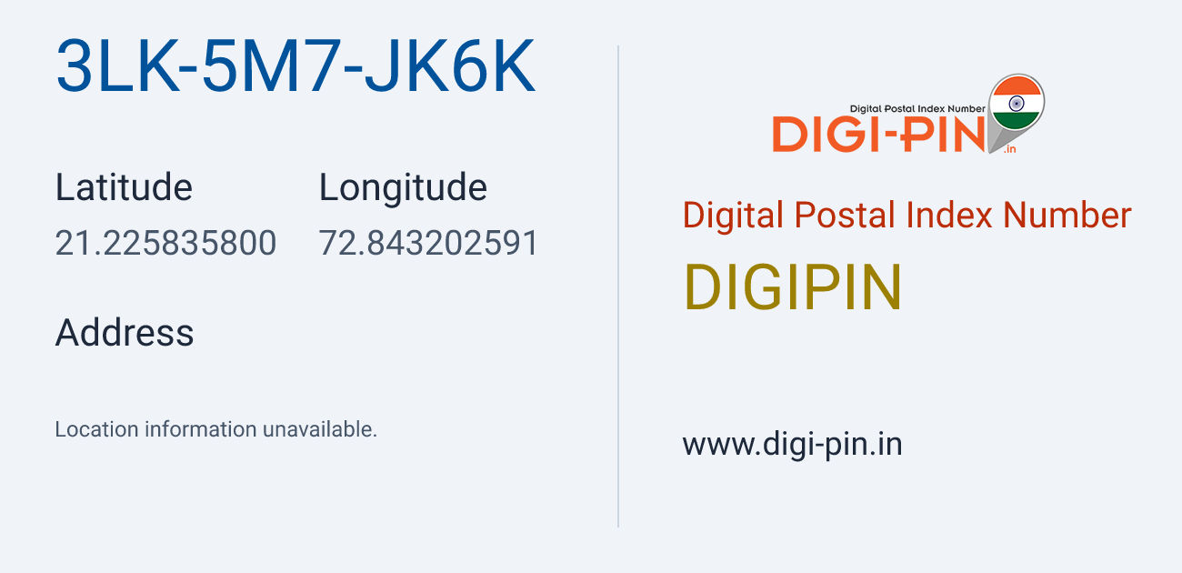 DigiPin 3LK-5M7-JK6K location map showing coordinates 21.225836, 72.843203