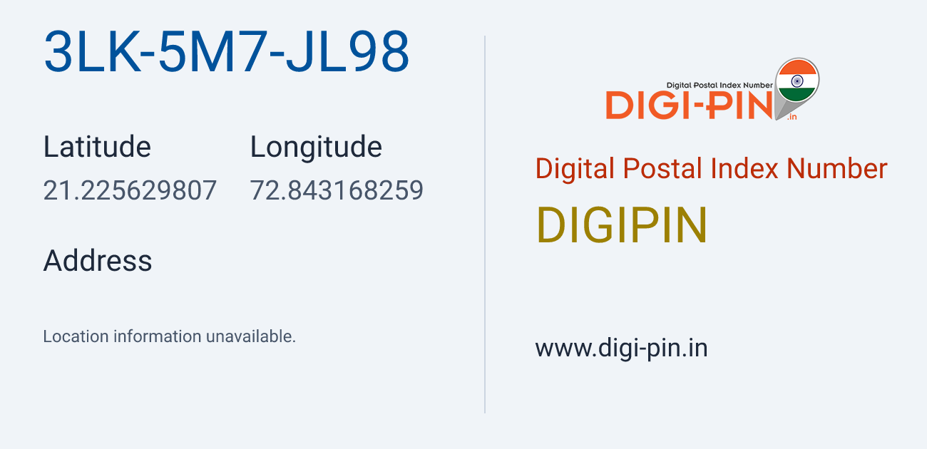 DigiPin 3LK-5M7-JL98 location map showing coordinates 21.225630, 72.843168