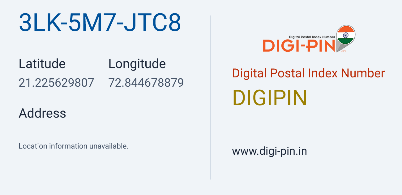 DigiPin 3LK-5M7-JTC8 location map showing coordinates 21.225630, 72.844679