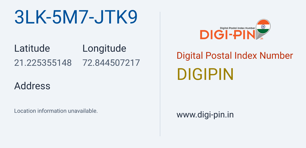 DigiPin 3LK-5M7-JTK9 location map showing coordinates 21.225355, 72.844507
