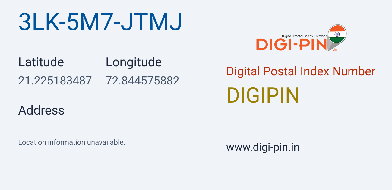 DigiPin 3LK-5M7-JTMJ location map showing coordinates 21.225183, 72.844576