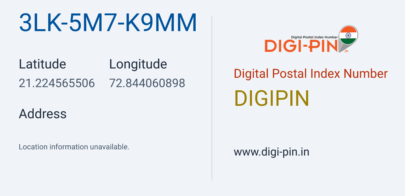 DigiPin 3LK-5M7-K9MM location map showing coordinates 21.224566, 72.844061