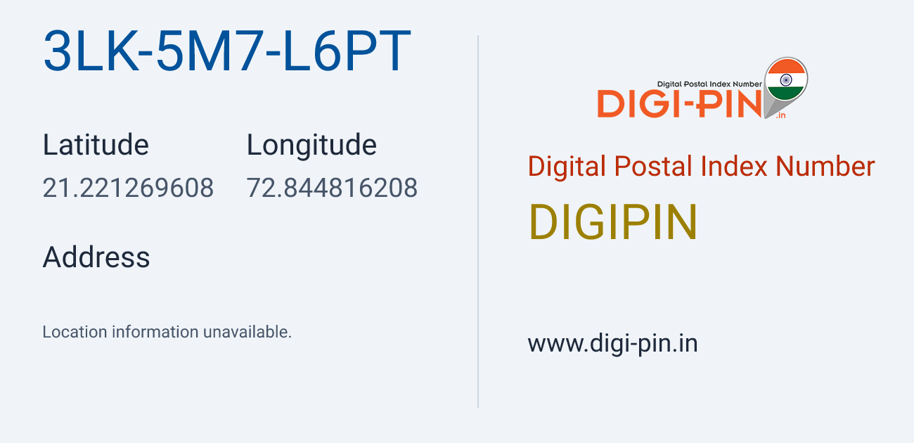 DigiPin 3LK-5M7-L6PT location map showing coordinates 21.221270, 72.844816