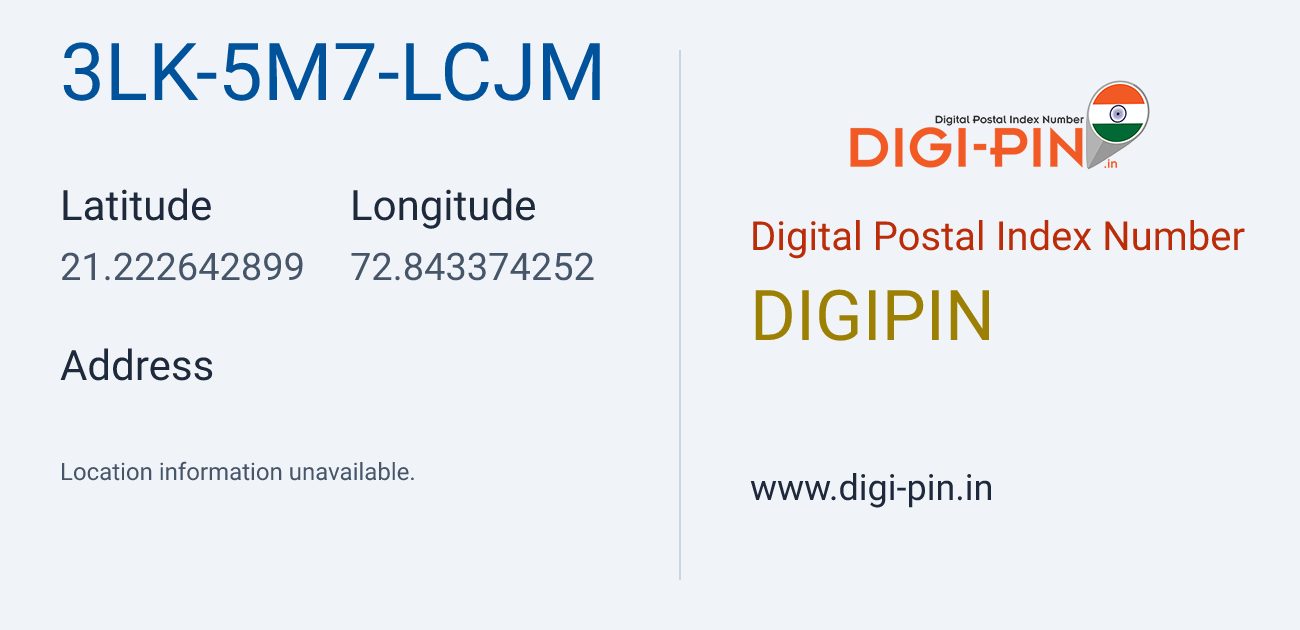 DigiPin 3LK-5M7-LCJM location map showing coordinates 21.222643, 72.843374
