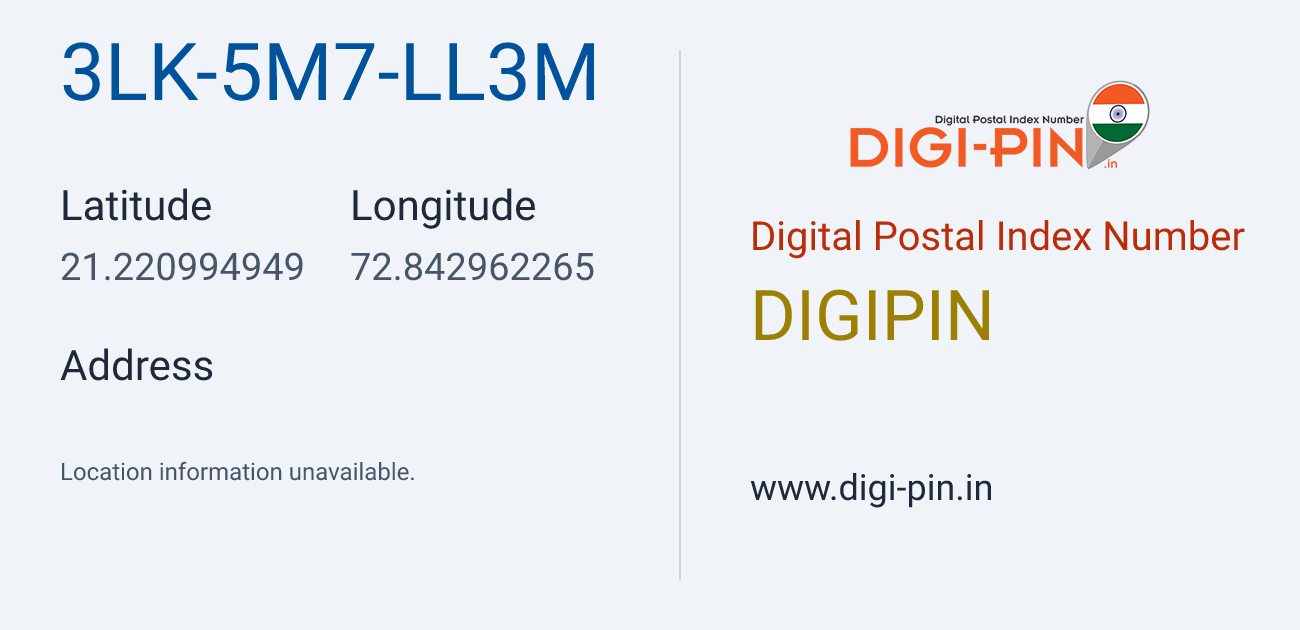 DigiPin 3LK-5M7-LL3M location map showing coordinates 21.220995, 72.842962