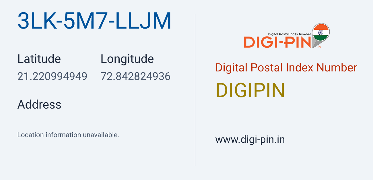 DigiPin 3LK-5M7-LLJM location map showing coordinates 21.220995, 72.842825