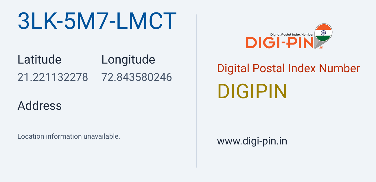 DigiPin 3LK-5M7-LMCT location map showing coordinates 21.221132, 72.843580
