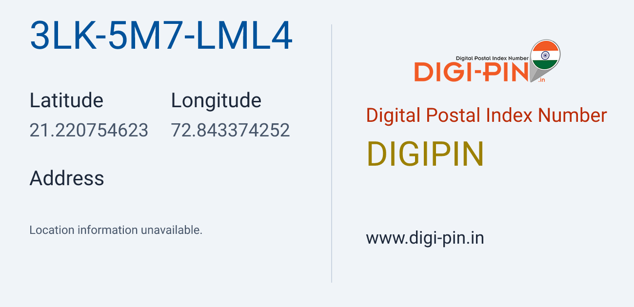 DigiPin 3LK-5M7-LML4 location map showing coordinates 21.220755, 72.843374