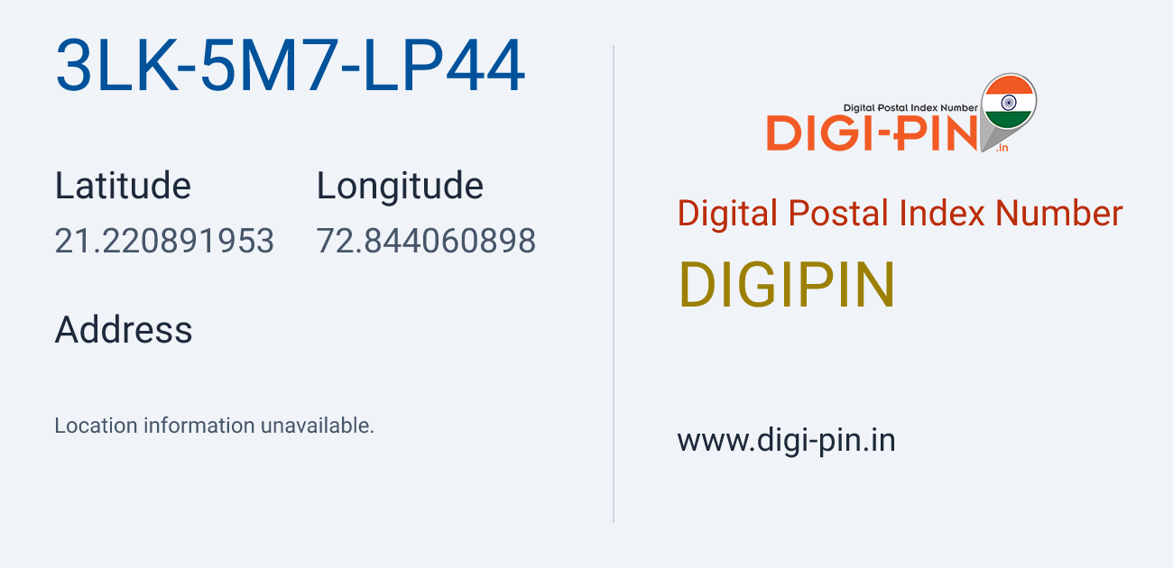 DigiPin 3LK-5M7-LP44 location map showing coordinates 21.220892, 72.844061