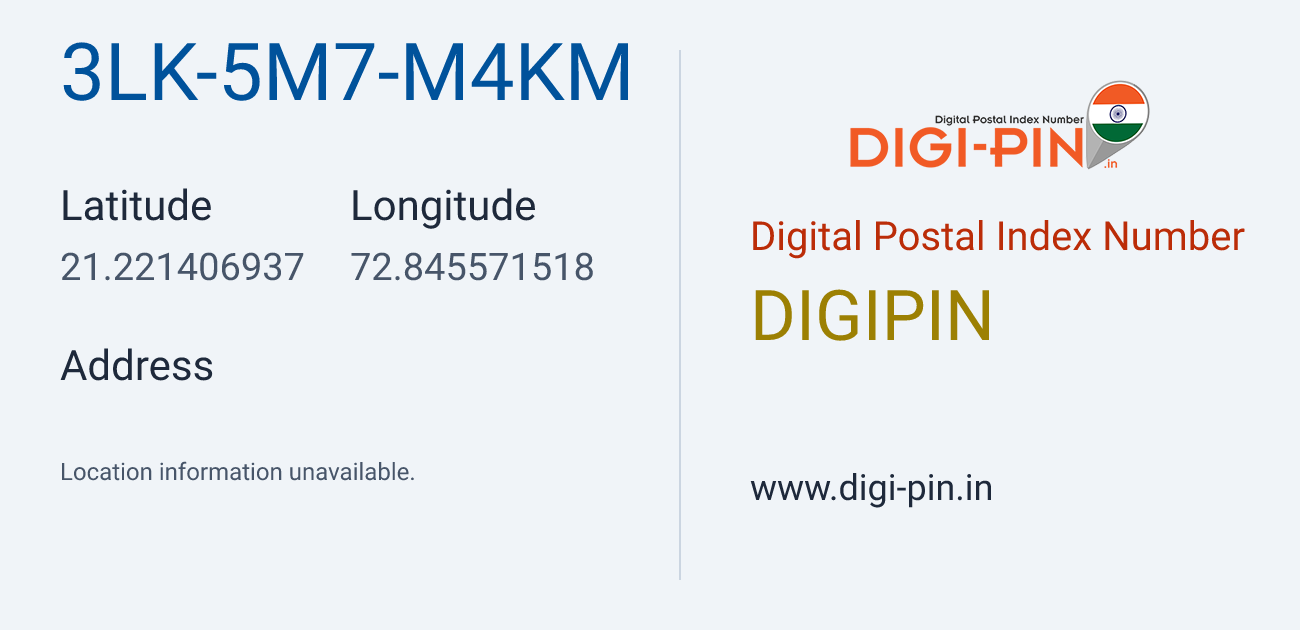 DigiPin 3LK-5M7-M4KM location map showing coordinates 21.221407, 72.845572
