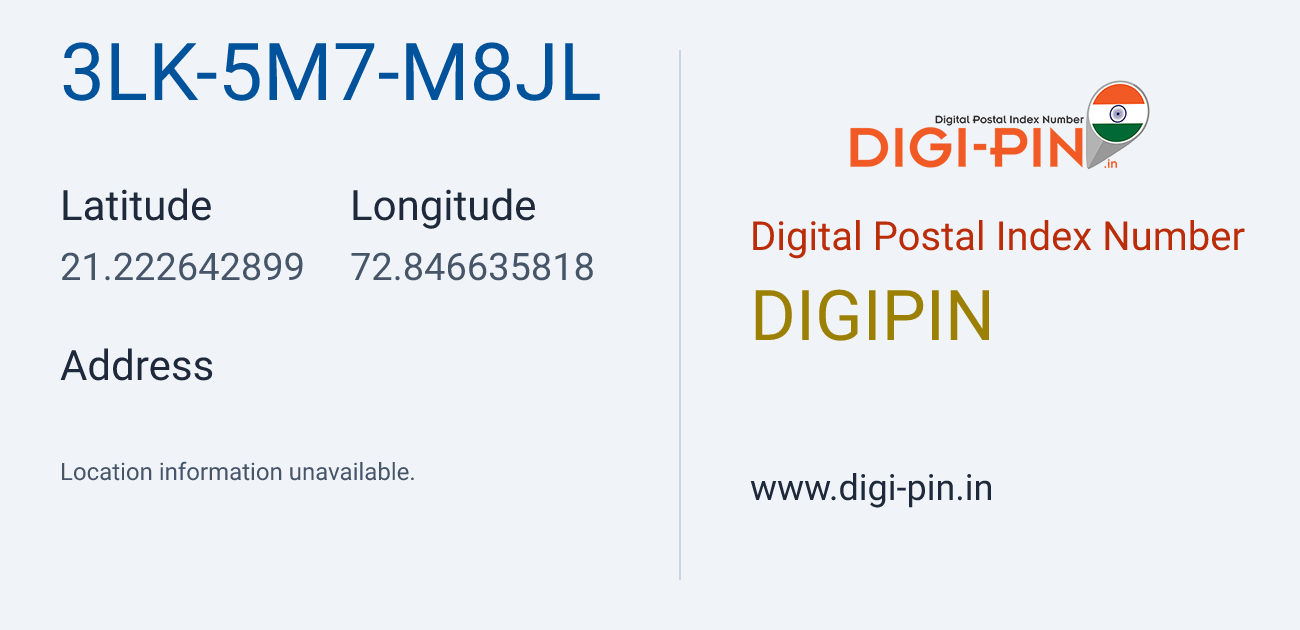 DigiPin 3LK-5M7-M8JL location map showing coordinates 21.222643, 72.846636